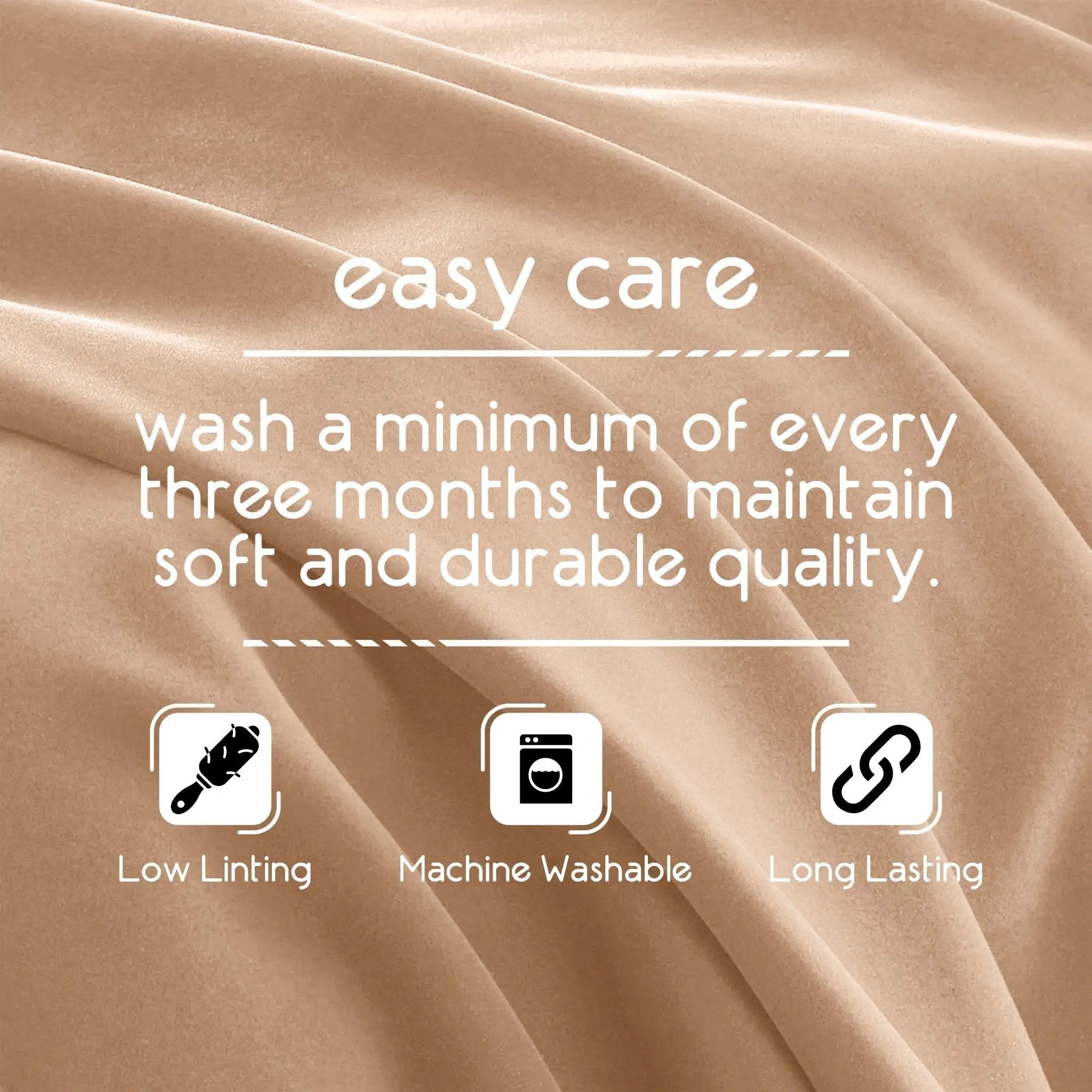 Text on a beige fabric background about care instructions for maintaining soft and durable quality.
