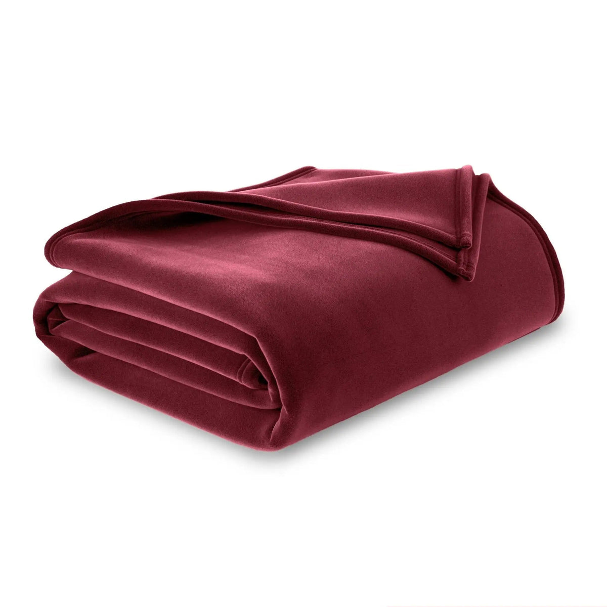 A folded plush velvet blanket in a deep burgundy color, presented on a clean white background with a subtle drop shadow.