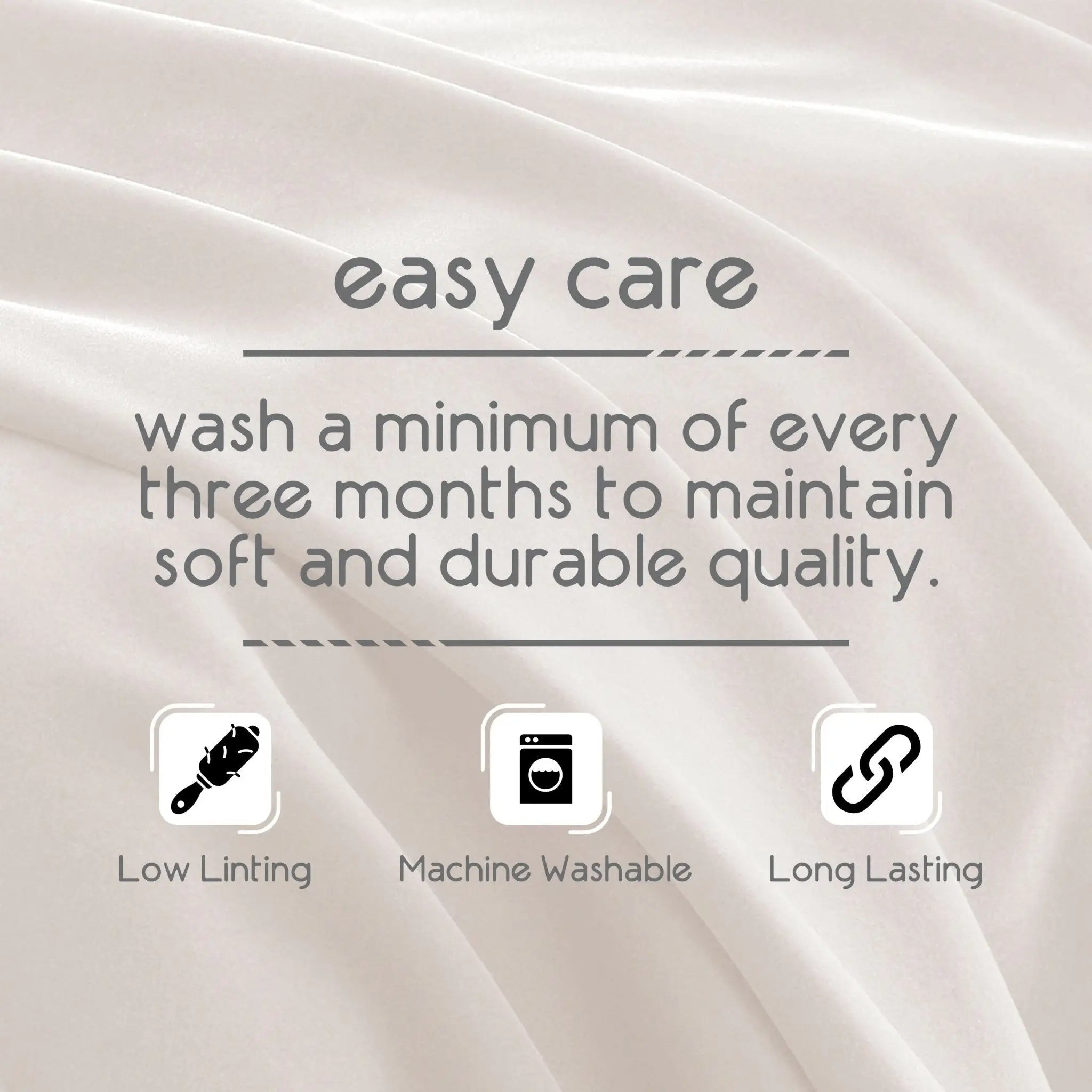 A soft ivory blanket with draped folds, featuring gray text that reads 'easy care' and a care instruction: 'wash a minimum of every three months to maintain soft and durable quality.' Three small icons below indicate low linting, machine washable, and long lasting.