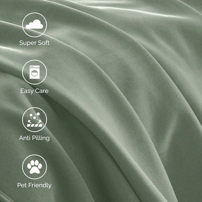 Green blanket fabric with icons and text indicating properties like super soft, easy care, anti-pilling, and pet friendly.