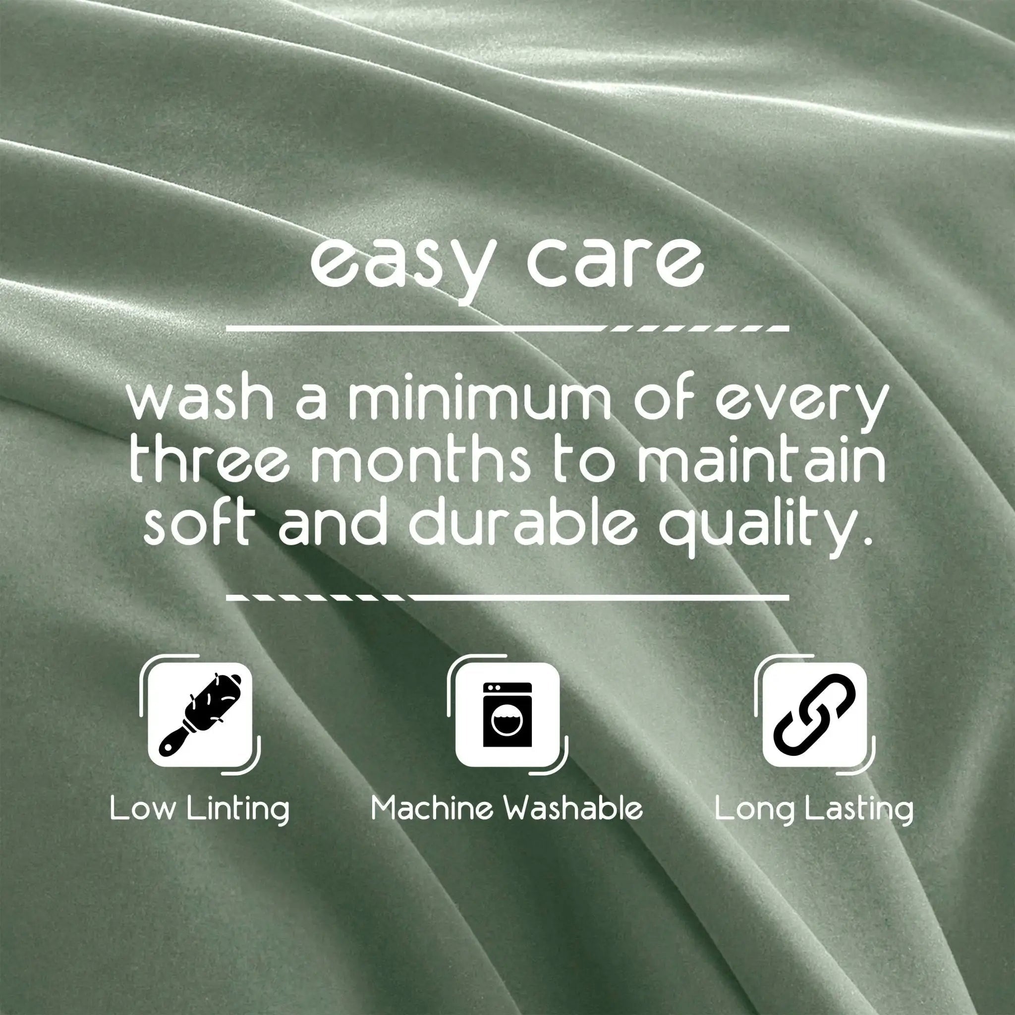 Text on green fabric indicating care instructions for washing and maintaining quality.