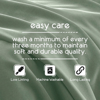 Text on green fabric indicating care instructions for washing and maintaining quality.