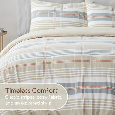 Plaid bedding set with text 'Timeless Comfort' on a neutral background
