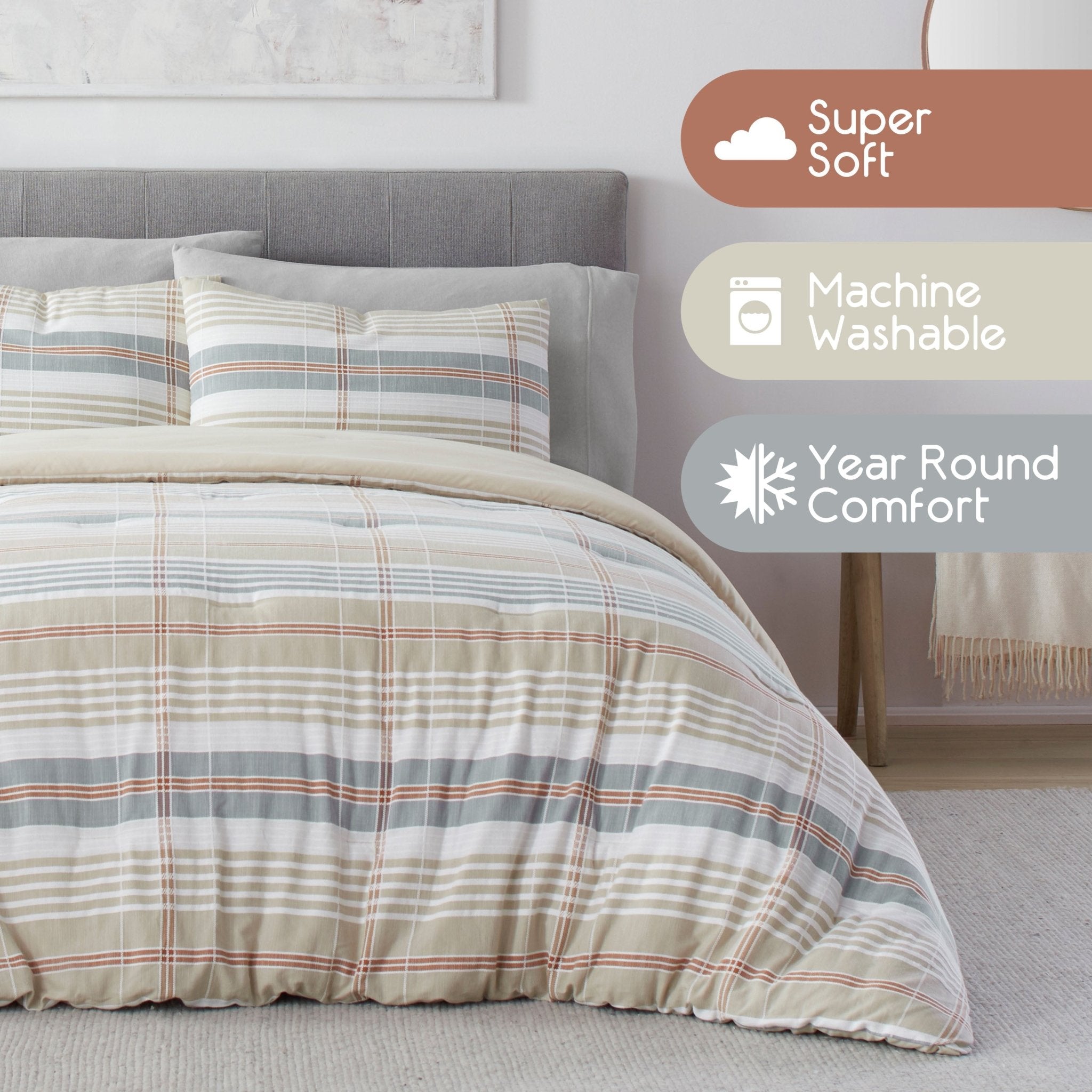 Plaid comforter set on a bed with 'Super Soft', 'Machine Washable', and 'Year-Round Comfort' features displayed.