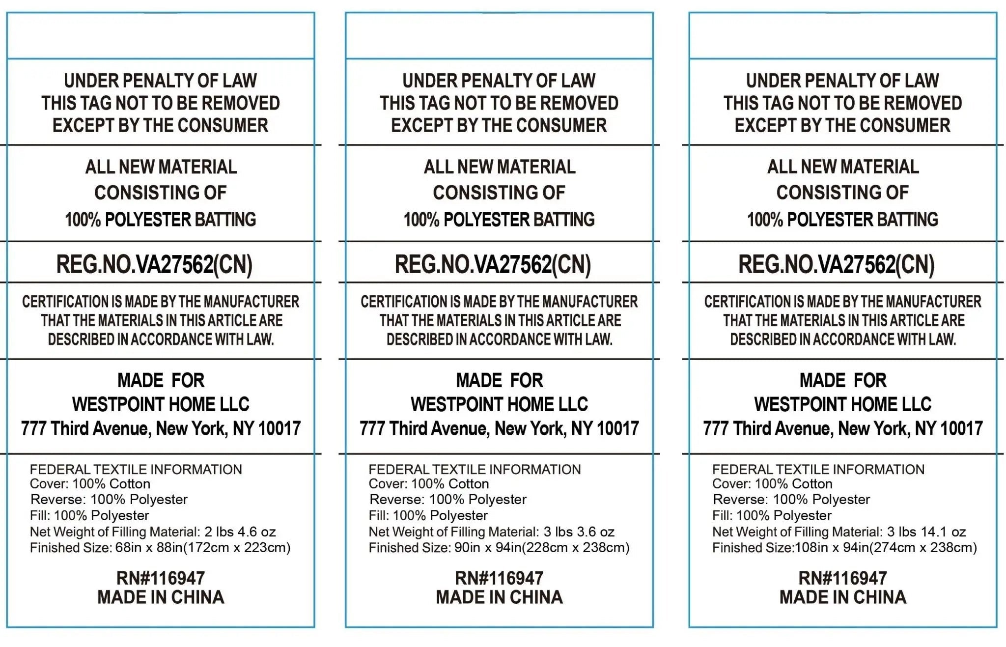 A close-up of a white textile tag with black text, showing material claims, certification information, and manufacturing details for Westpoint Home LLC.