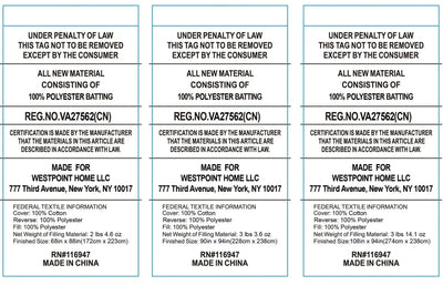 A close-up of a white textile tag with black text, showing material claims, certification information, and manufacturing details for Westpoint Home LLC.