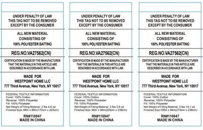Three identical labels with text and branding information on a white background