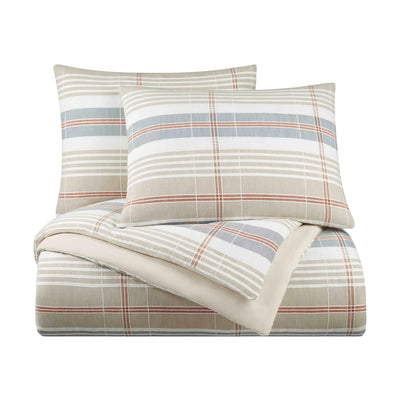 Plaid patterned bedding set with two pillow shams on a white background