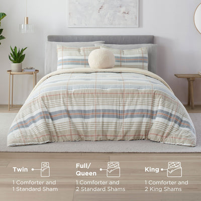 Comforter set with plaid pattern on a bed including the product components in different sizes.