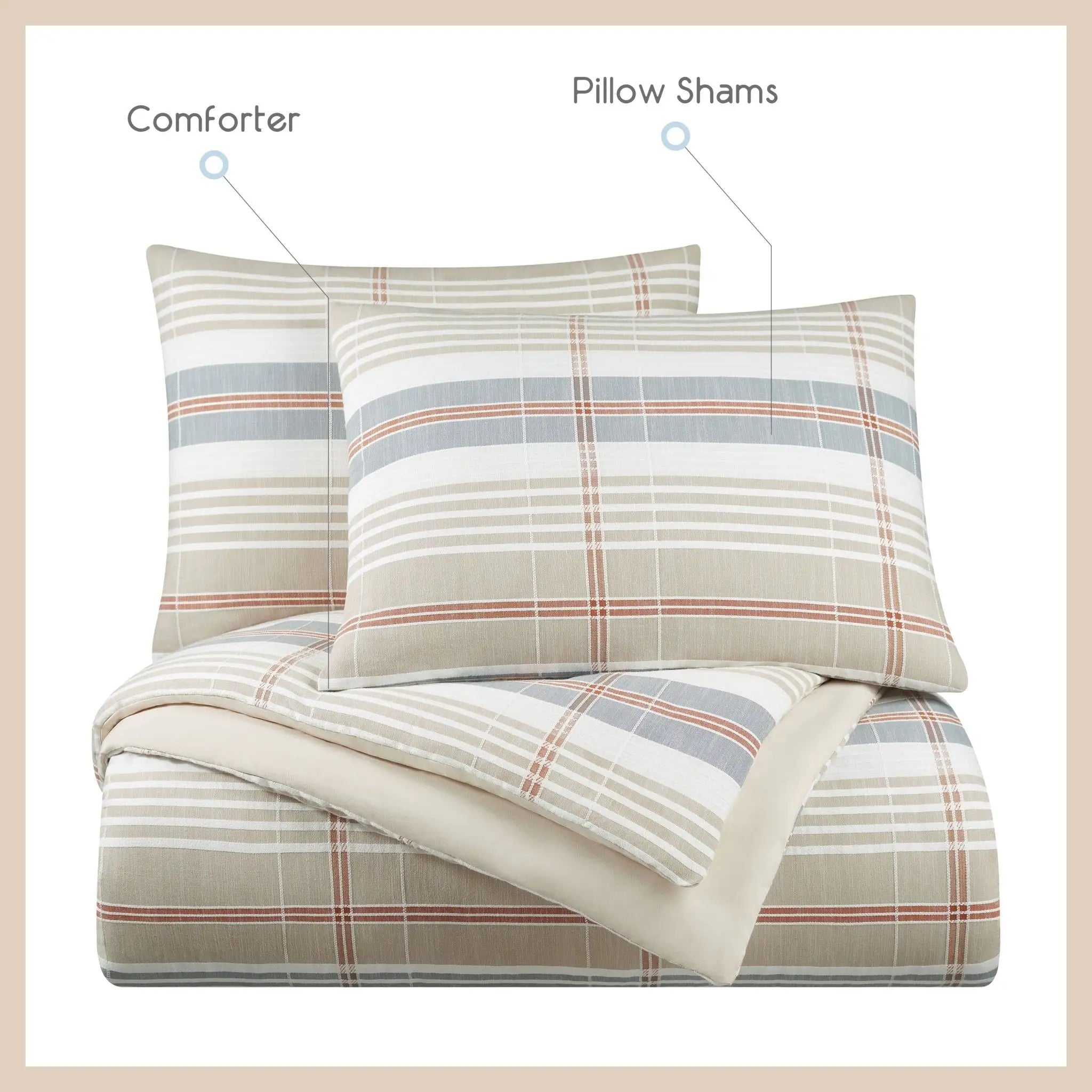 Plaid bedding set with comforter and pillow shams on a white background