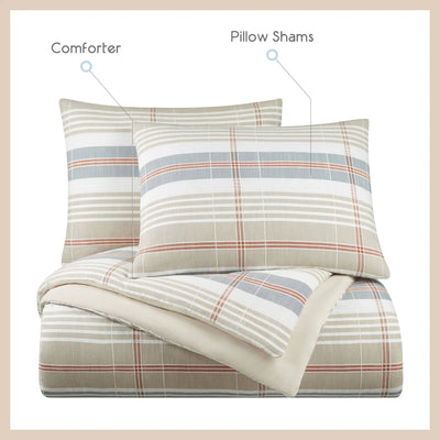 Plaid bedding set with comforter and pillow shams on a white background