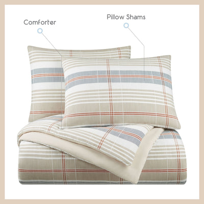 Plaid bedding set with comforter and pillow shams on a white background