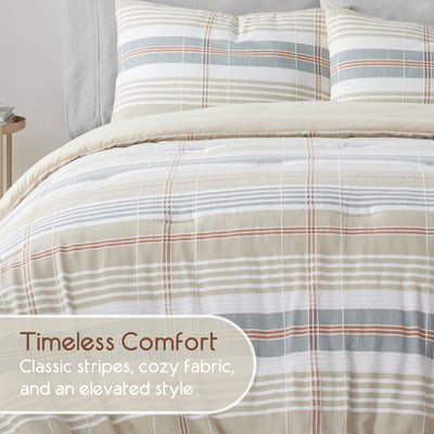 Plaid comforter set with text 'Timeless Comfort' on a neutral background