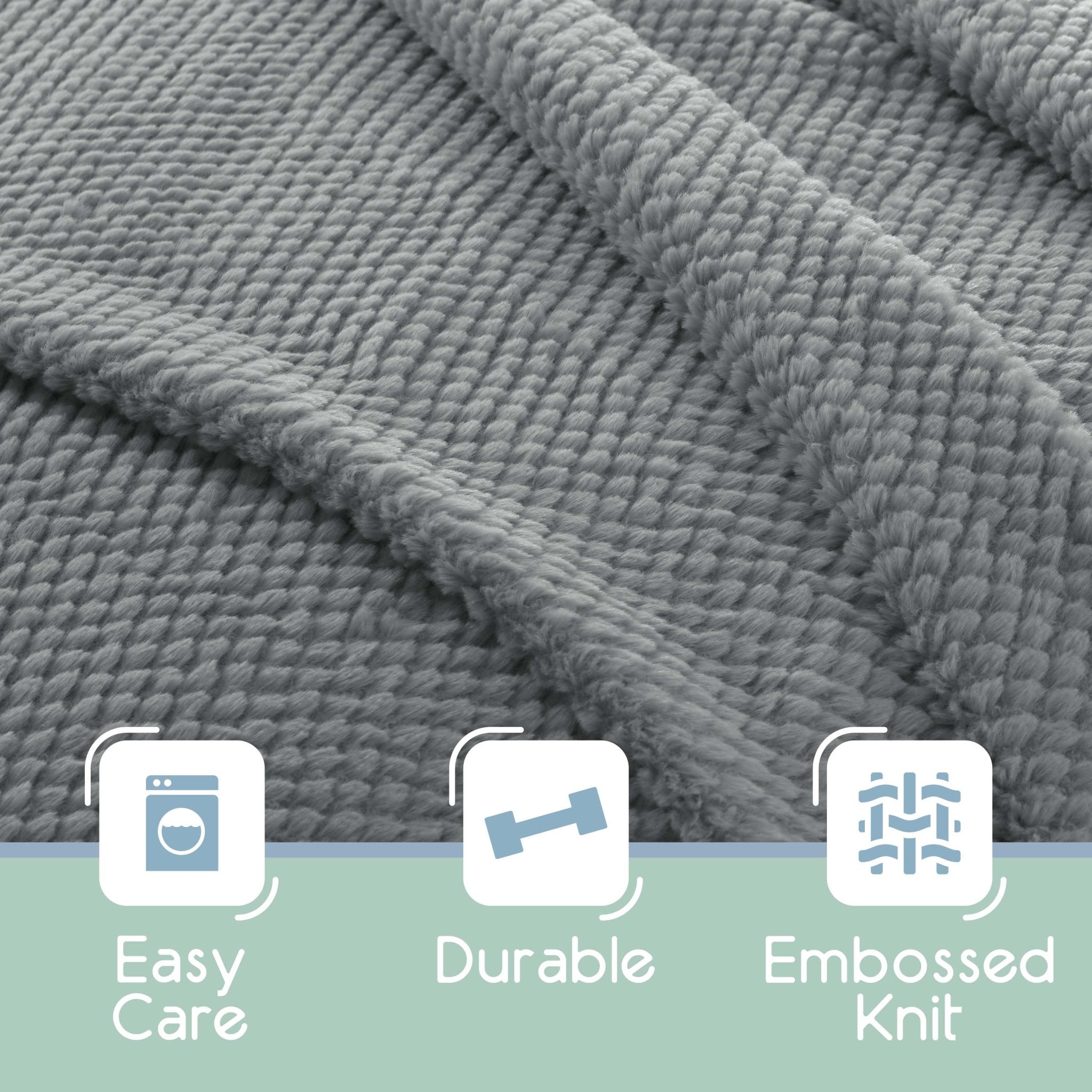 Gray textured blanket with 'Easy Care', 'Durable', and 'Embossed Knit' icons and text.