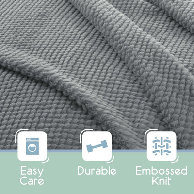 Gray textured blanket with 'Easy Care', 'Durable', and 'Embossed Knit' icons and text.