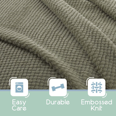 Green knitted blanket with 'Easy Care', 'Durable', and 'Embossed Knit' features displayed.