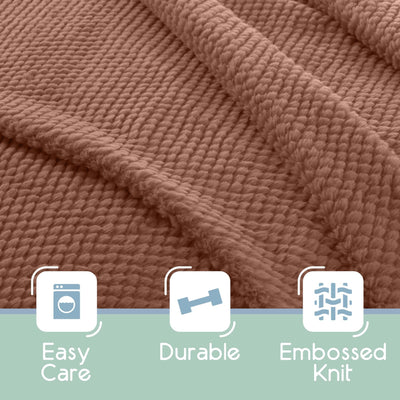Copper textured fabric with 'Easy Care', 'Durable', and 'Embossed Knit' icons and text.