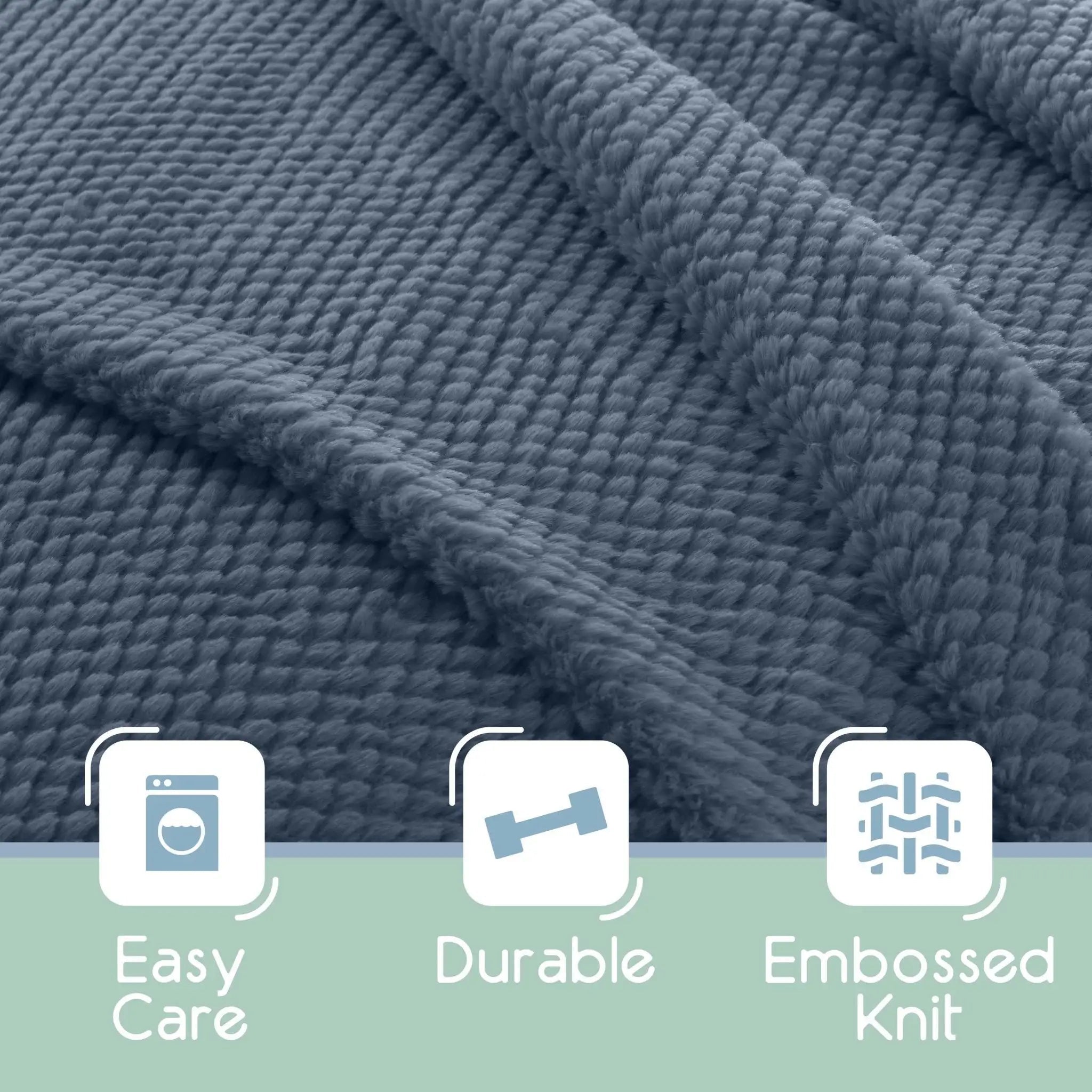 Close-up of a blue textured blanket with 'Easy Care', 'Durable', and 'Embossed Knit' icons below.