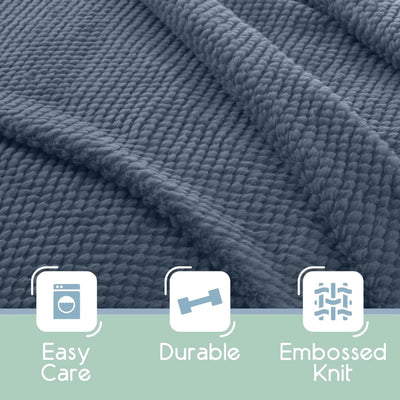 Close-up of a blue textured blanket with 'Easy Care', 'Durable', and 'Embossed Knit' icons below.