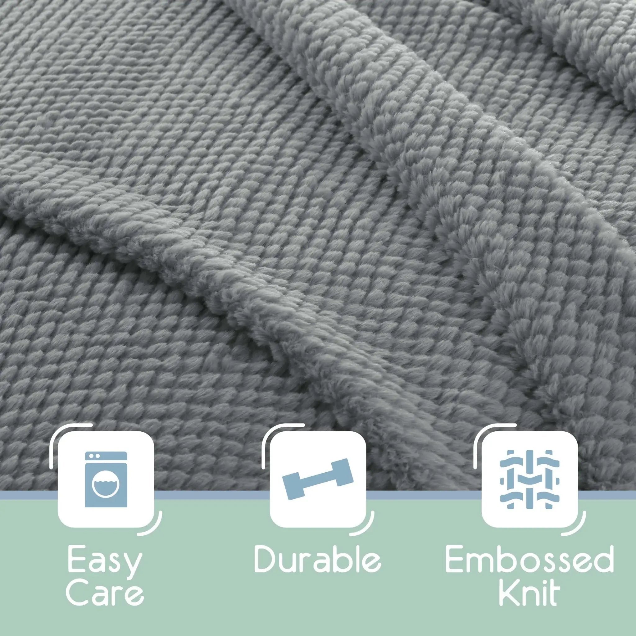 Close-up of a gray textured knit blanket with three feature icons reading Easy Care, Durable, and Embossed Knit on a pale green banner at the bottom.
