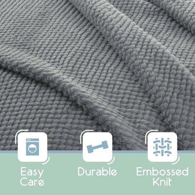 Close-up of a gray textured knit blanket with three feature icons reading Easy Care, Durable, and Embossed Knit on a pale green banner at the bottom.