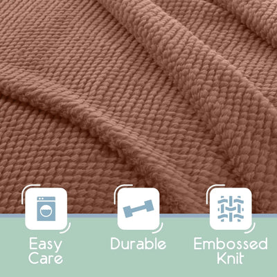 Copper textured fabric with 'Easy Care', 'Durable', and 'Embossed Knit' icons below.