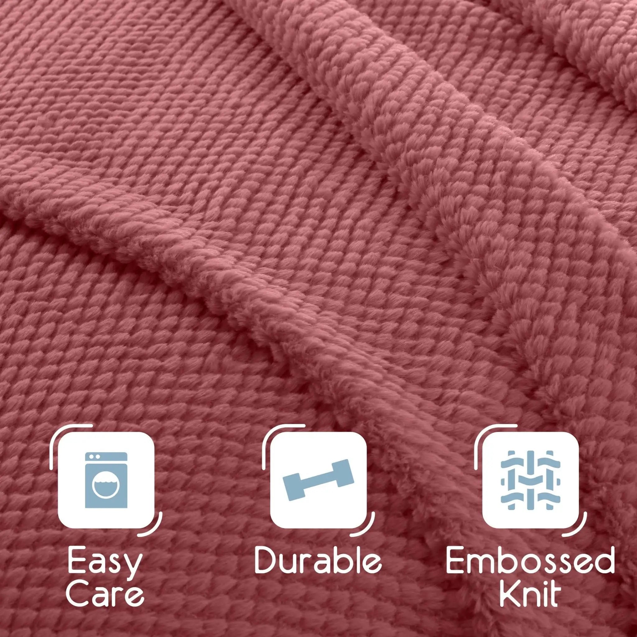 Close-up of a dusty rose pink knitted fabric texture with three feature icons and text reading 'Easy Care', 'Durable', and 'Embossed Knit' along the bottom.