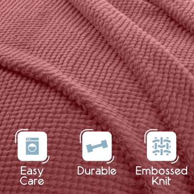 Close-up of a dusty rose pink knitted fabric texture with three feature icons and text reading 'Easy Care', 'Durable', and 'Embossed Knit' along the bottom.