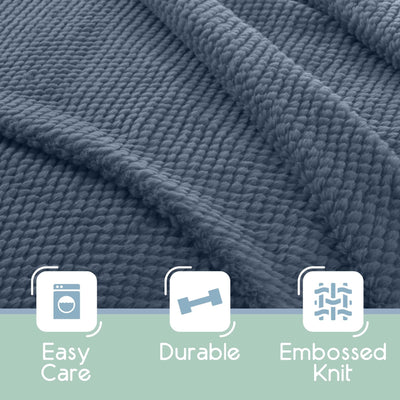 Close-up of a blue textured blanket with 'Easy Care', 'Durable', and 'Embossed Knit' icons below.