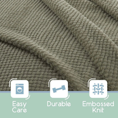 Green textured blanket with 'Easy Care', 'Durable', and 'Embossed Knit' icons below.