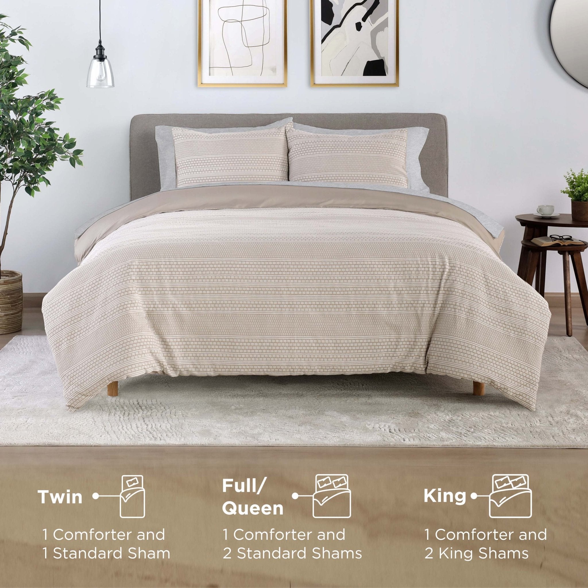Beige comforter set on a bed in a bedroom with size indicators below.