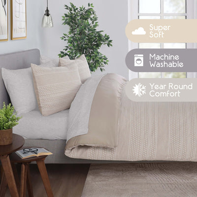 Beige comforter on a bed with 'Super Soft', 'Machine Washable', and 'Year Round Comfort' text overlay.