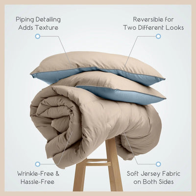 Beige comforter and blue pillows on a wooden stool with feature text overlay.