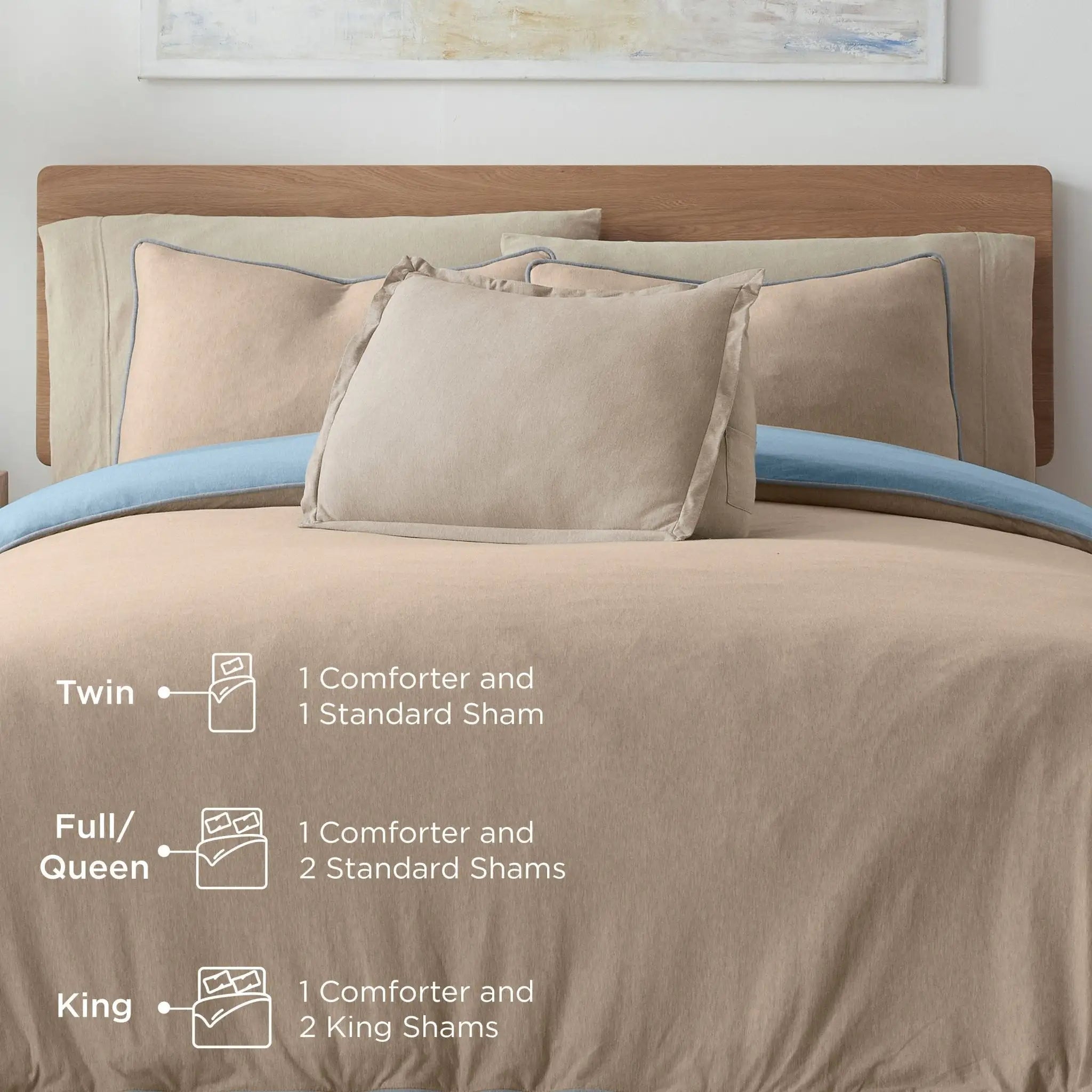 Bed with beige bedding and pillows, showing size chart for comforter and sham quantities.