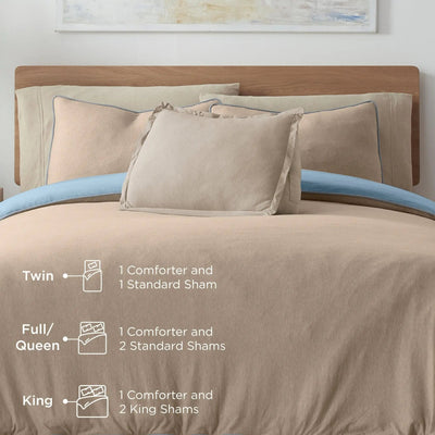 Bed with beige bedding and pillows, showing size chart for comforter and sham quantities.