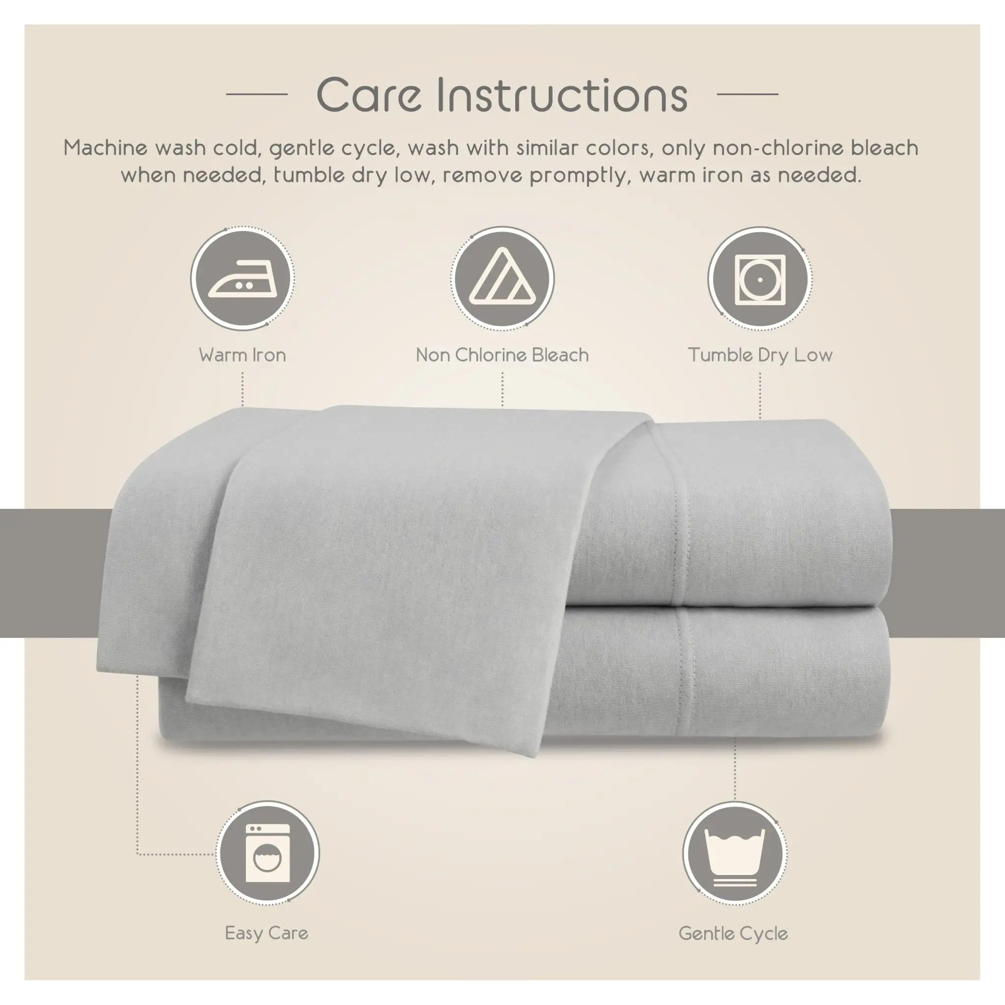 Care instructions for a set of gray bedding with icons and text on a beige background