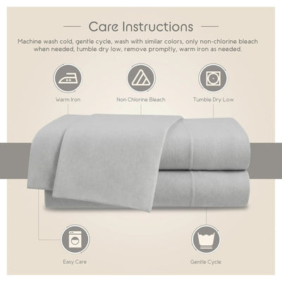 Care instructions for a set of gray bedding with icons and text on a beige background