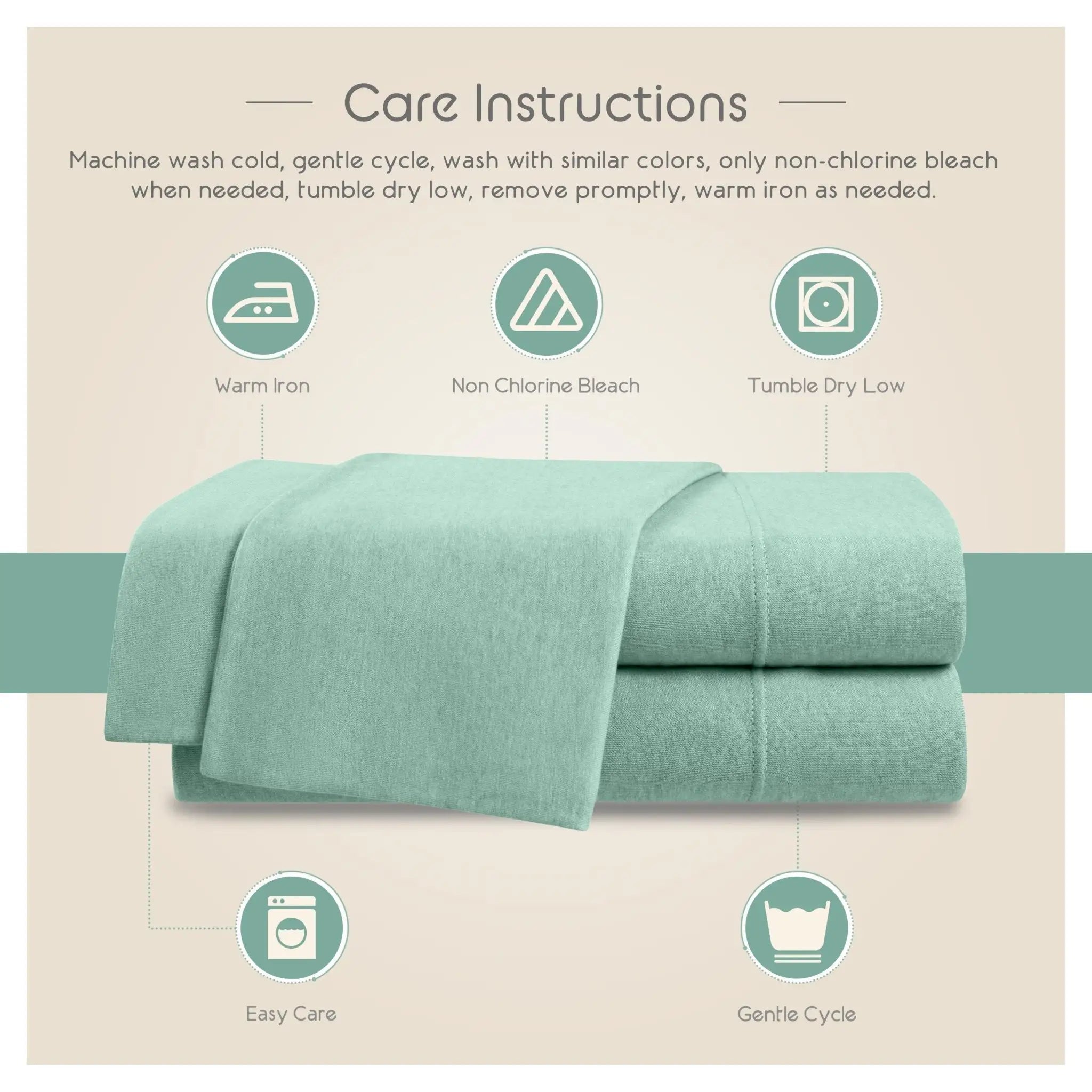 Care instructions graphic for a folded mint green bedding set, showing icons and text for washing, ironing, tumble drying, and easy care.