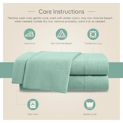 Care instructions graphic for a folded mint green bedding set, showing icons and text for washing, ironing, tumble drying, and easy care.