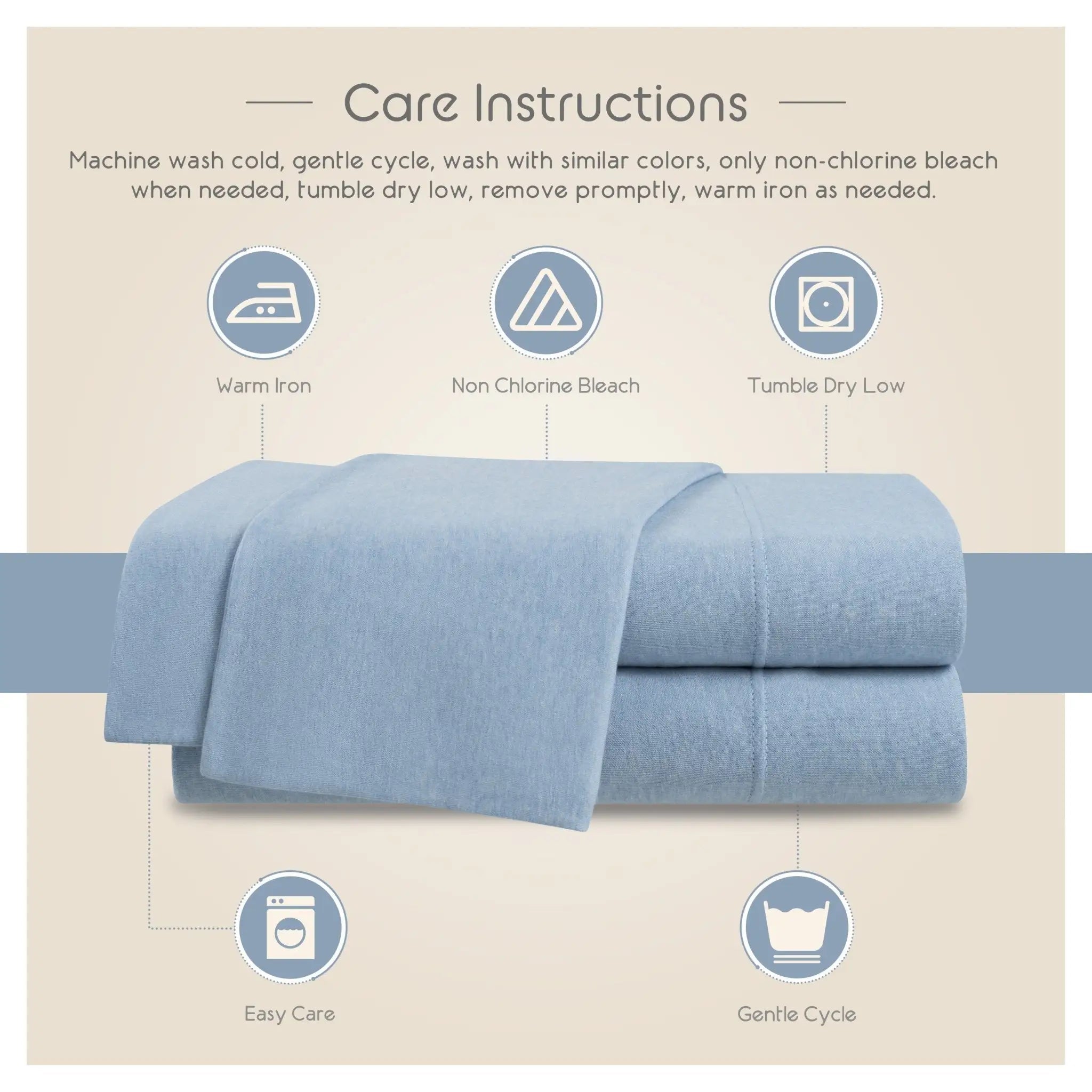 Care instructions for a blue fabric with icons and text on a beige background