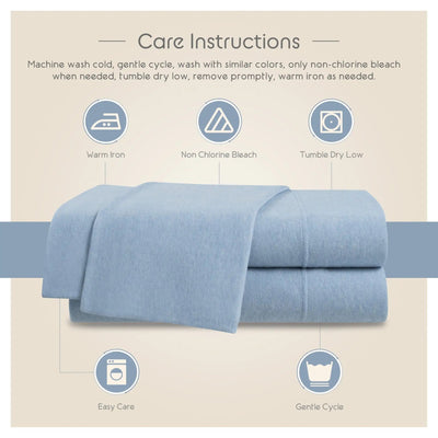 Care instructions for a blue fabric with icons and text on a beige background