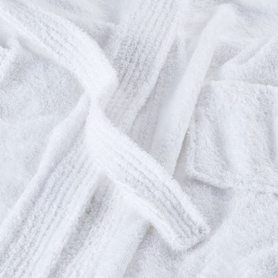 White hooded bath robe with textured fabric and tied belt.