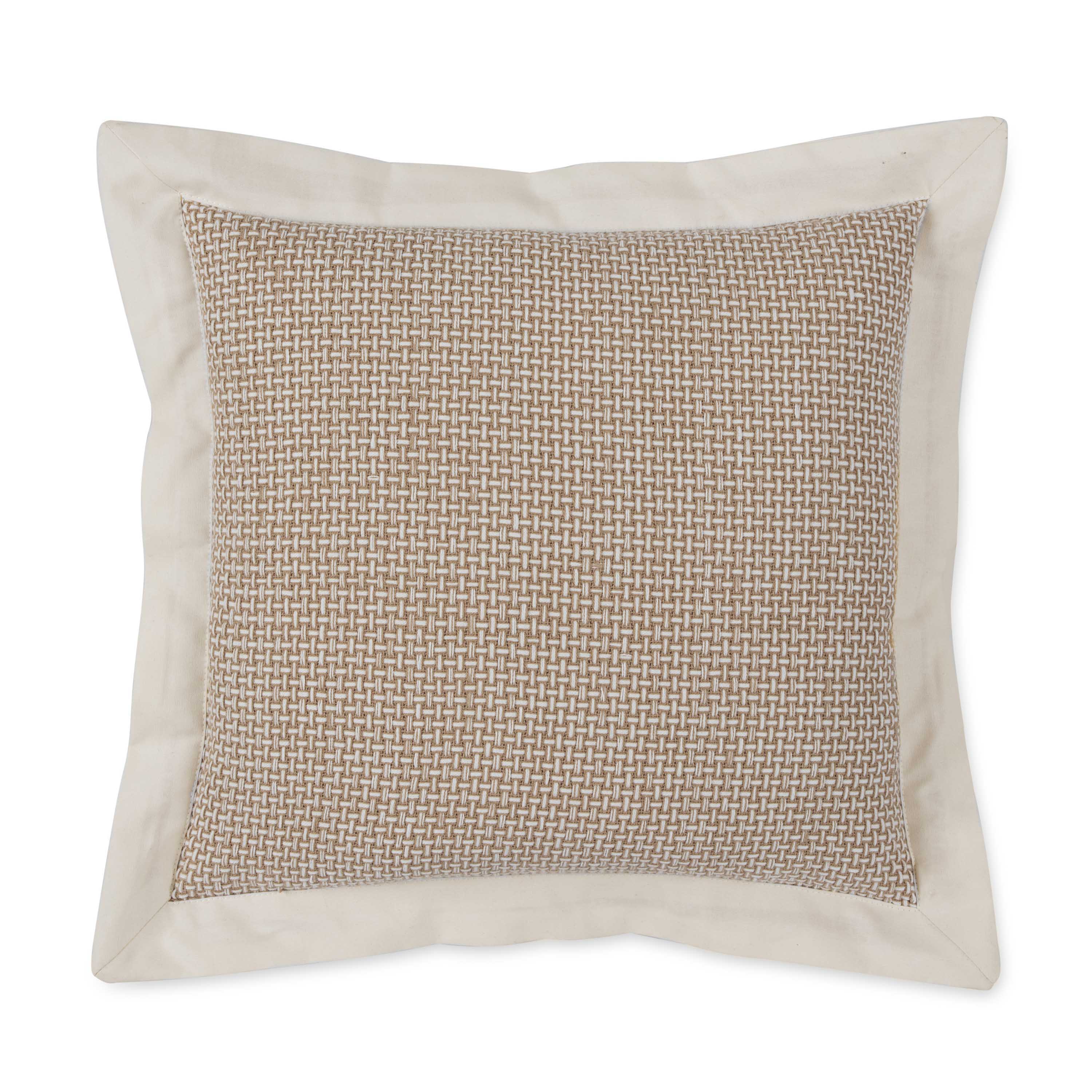Square decorative pillow with a woven brown pattern and a cream-colored border.