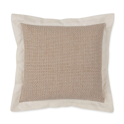 Square decorative pillow with a woven brown pattern and a cream-colored border.