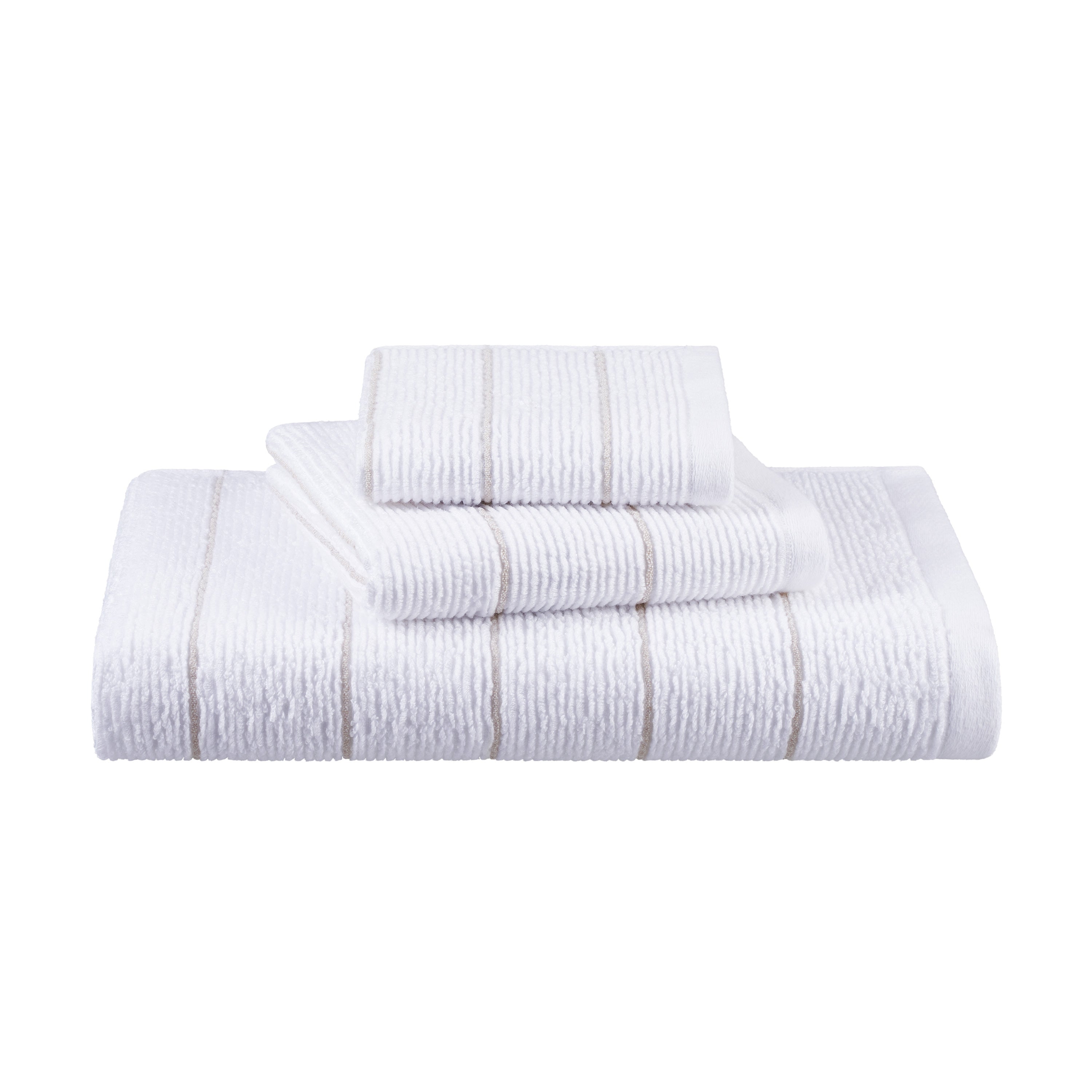 Three white towels stacked, featuring a textured surface and subtle striped design in a light color.