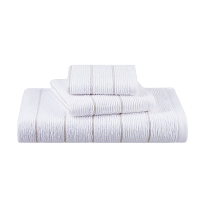 Three white towels stacked, featuring a textured surface and subtle striped design in a light color.