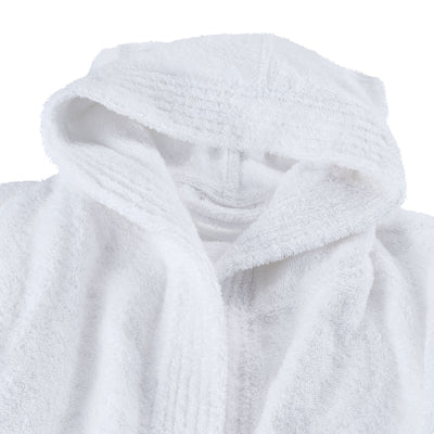 White hooded bath robe with textured fabric, featuring a front opening and soft, absorbent material.