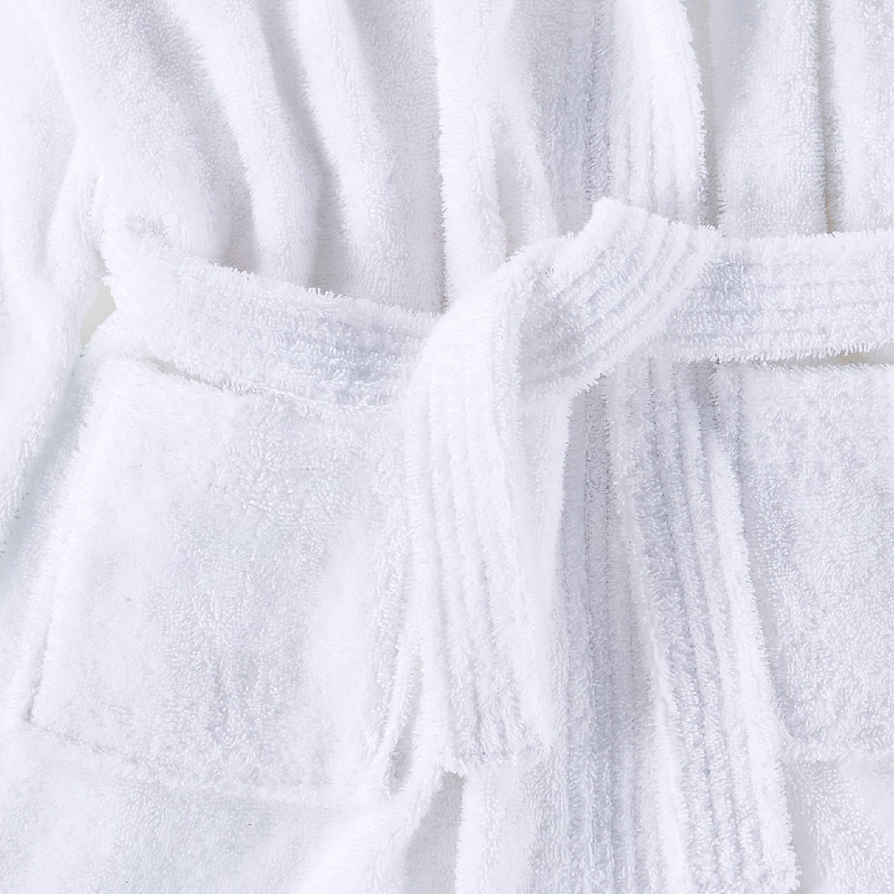 White hooded bath robe with a tie belt and two front pockets.