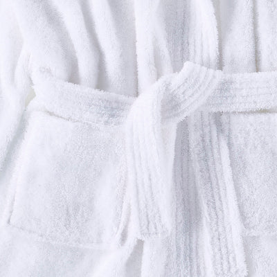 White hooded bath robe with a tie belt and two front pockets.