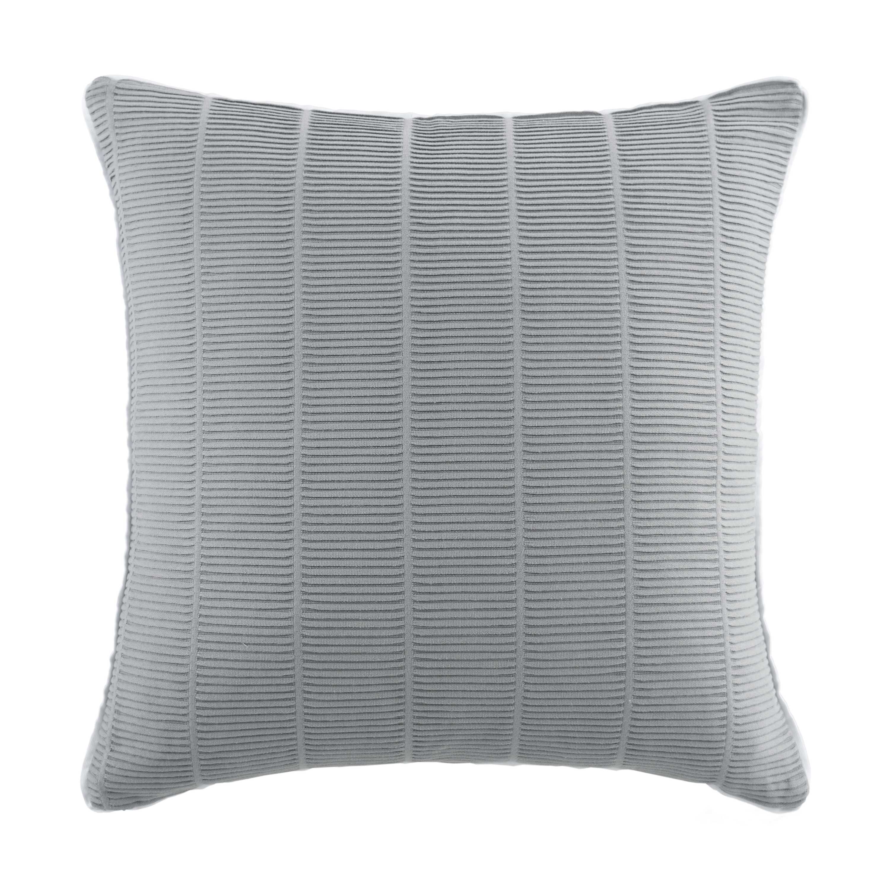 Square decorative pillow in grey with textured vertical stripes.